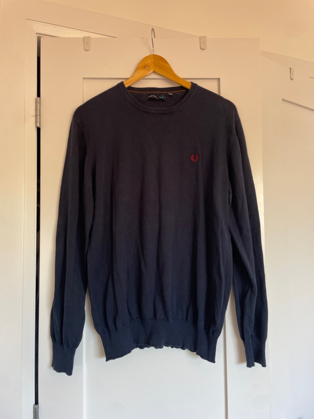 Fred Perry Navy Crewneck Sweater with Red Laurel Emblem